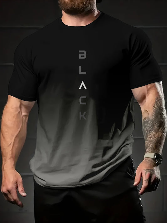 Men'S Gradient Letter 3D Print T-Shirt, Made of 100% Polyester, Featuring a Slightly Stretchy Round Neck, Short Sleeves, Tear-Resistant, Knitted Fabric, Machine Washable, Suitable for Summer Activities Like Running And Fitness.