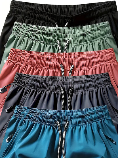 5pcs Men'S Athletic Shorts, Summer Casual Quick-Dry Elastic Waistband with Drawstring, Zipper Pockets, Durable Comfort, Suitable for Gym and Outdoor Leisure Activities