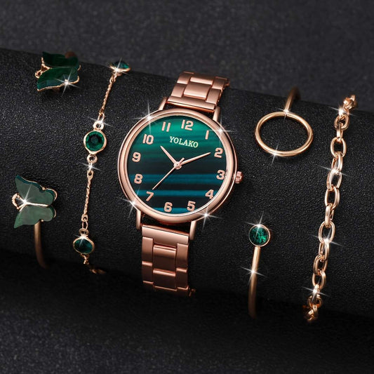 5pcs/set Elegant Women'S Quartz Watch with Round Zinc Alloy Case and Butterfly Bracelet, Classic Vintage Style Numerals Dial, Non-Rechargeable Battery - Watch Band Included (No Box)