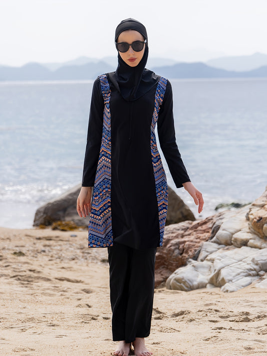 Middle Eastern Muslim Ramadan Women's Long Sleeve Trousers Three-Piece Set with Hat Ethnic Pattern Conservative Bikini Full Body Swimsuit for Summer Beach