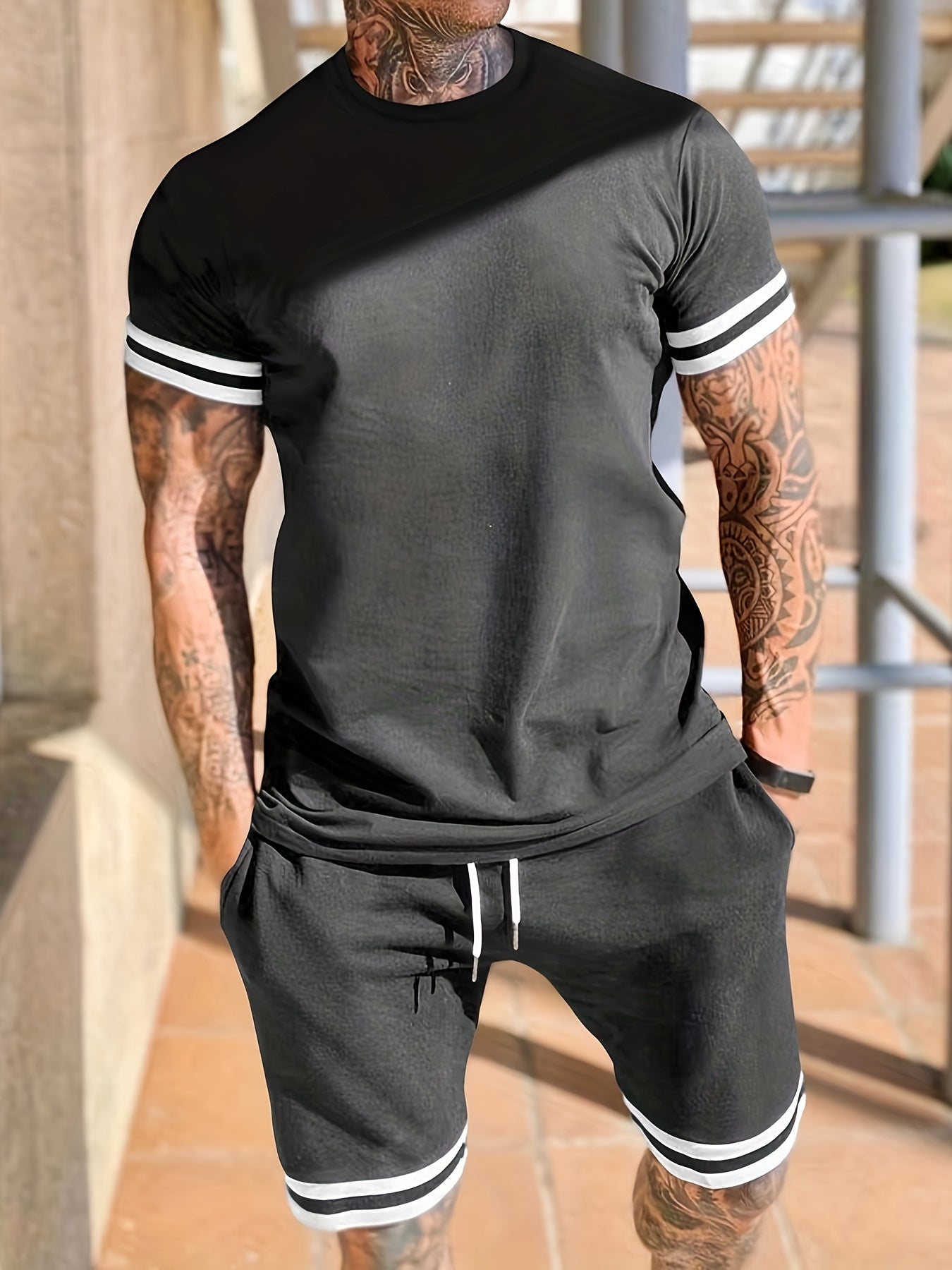 2024 New Casual Men's Suit Round Neck Short Sleeve Male T Summer Drawstring Shorts Solid Color Men's Suit
