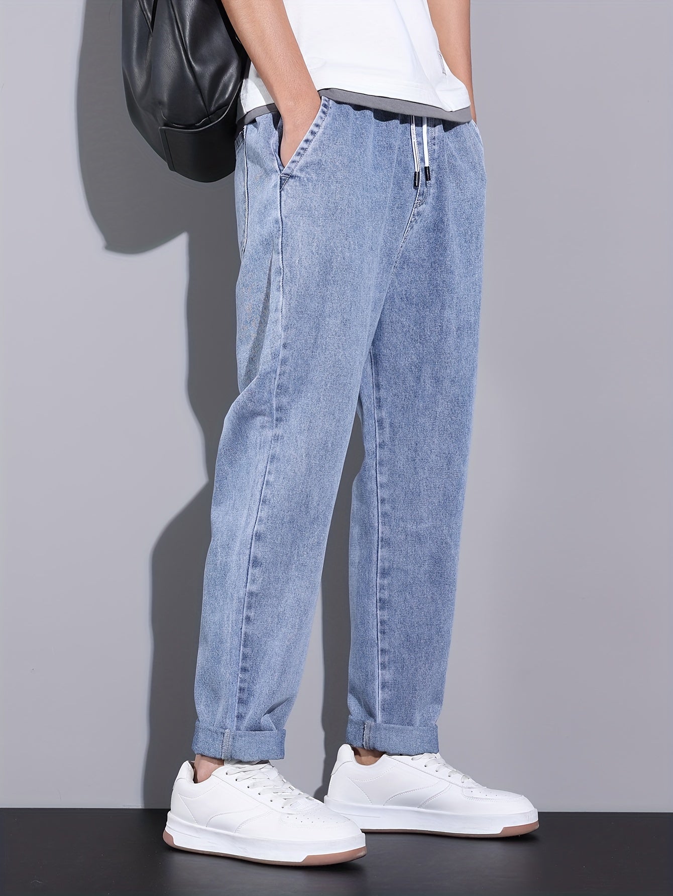 Men's Light Blue Straight-Leg Jeans with Drawstring Waist - Casual Denim, Versatile Fashion Pants for All Seasons, Relaxed Fit Jeans|Trendy Men's Pants|Glossy Fabric Finish