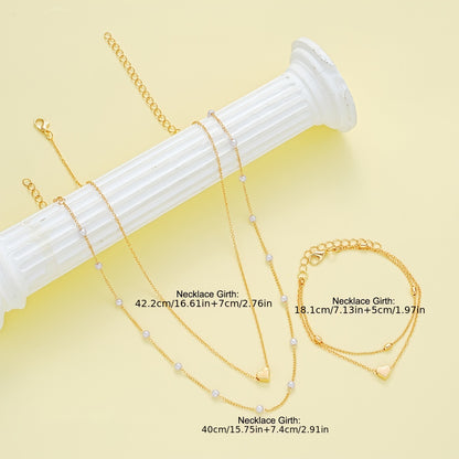 3pcs Set of Simple Love Imitation Pearl Necklace Bracelet Jewelry Set for Women, Dating, Vacation Gift, Daily Matching