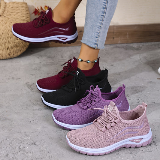 New Style Four Seasons Women'S Casual Sports Outdoor Running Walking Daily Commuting Lace-Up Patterned Double-Layer Easy-On-Off Knitted Shoes