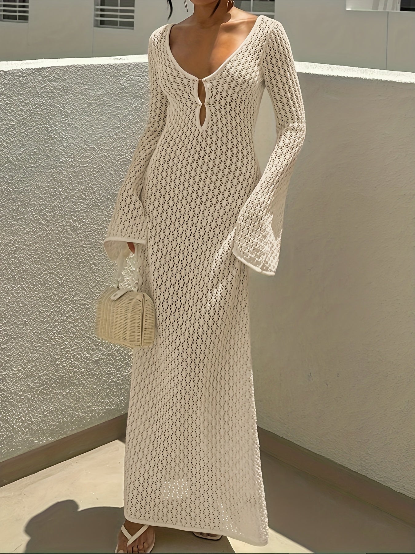 Elegant V-Neck Long Sleeve Crochet Beach Dress - Backless, Semi-Sheer Cover-Up for Women, Perfect for Spring/Fall Vacations, Beach Coverup Dress | Elegant Beachwear | Delicate Texture