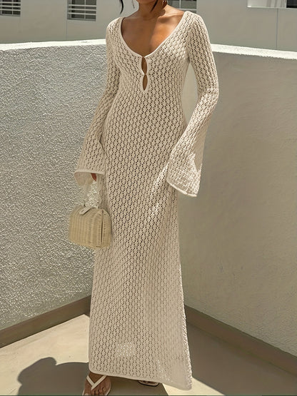 Elegant V-Neck Long Sleeve Crochet Beach Dress - Backless, Semi-Sheer Cover-Up for Women, Perfect for Spring/Fall Vacations, Beach Coverup Dress | Elegant Beachwear | Delicate Texture