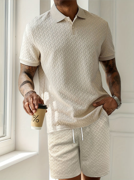 2025 summer new three-dimensional jacquard Men's knitted pullover and shorts 2pcs set, Men's casual solid color collar short-sleeved top and solid color shorts set, daily casual travel Men's T-shirt shorts two-piece set