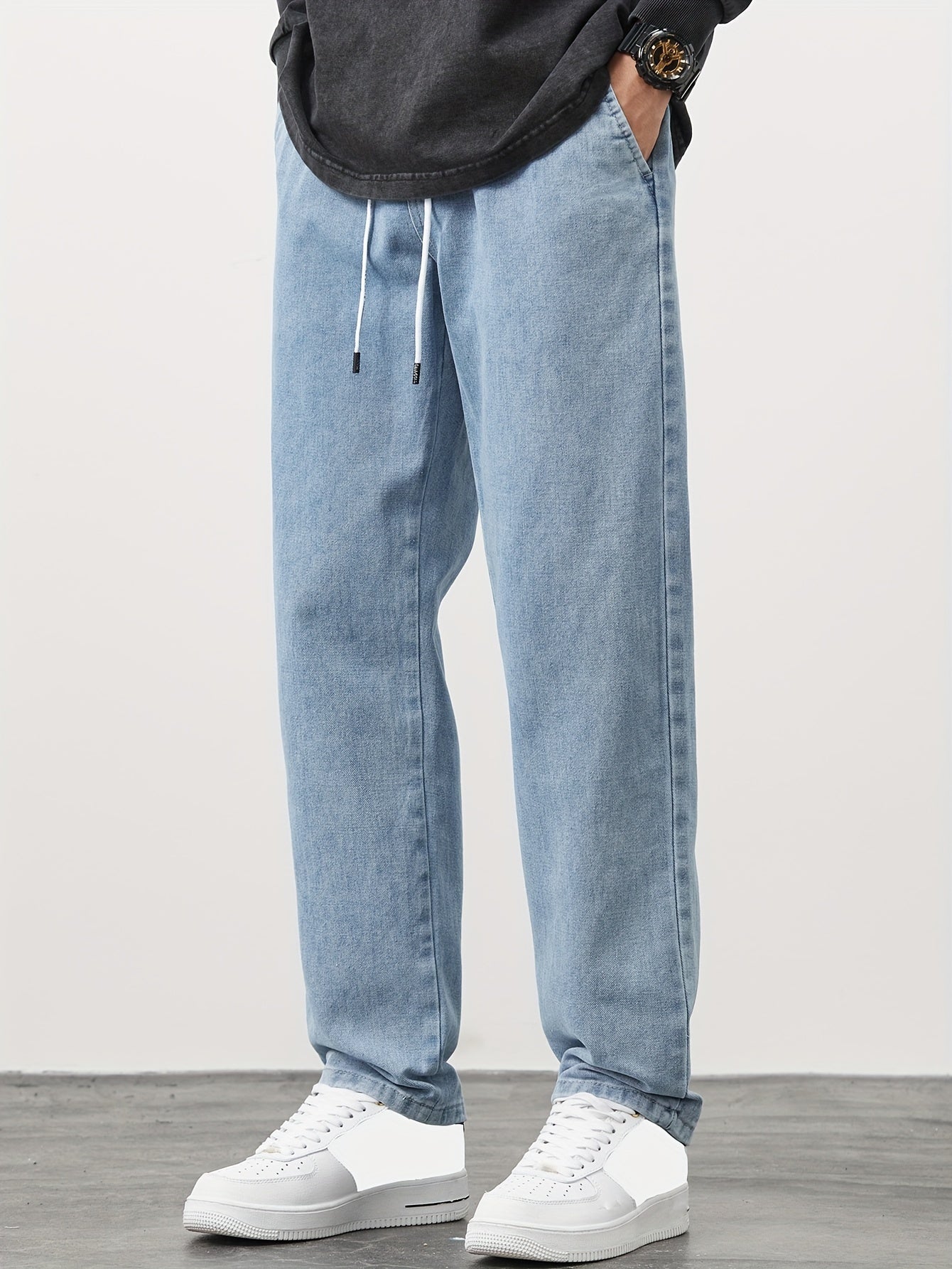 Men'S Straight-Leg Denim Pants, New Style for Spring And Autumn 2024, Loose Fit, Versatile And Fashionable, Japanese And Korean Brand, Drawstring Sports Casual Cropped Trousers (Gengyuan'S Selected Products - Can Be Promoted in The Middle East)