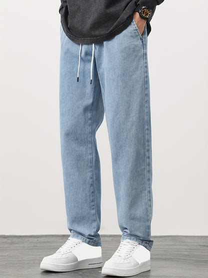 Men'S Straight-Leg Denim Pants, New Style for Spring And Autumn 2024, Loose Fit, Versatile And Fashionable, Japanese And Korean Brand, Drawstring Sports Casual Cropped Trousers (Gengyuan'S Selected Products - Can Be Promoted in The Middle East)