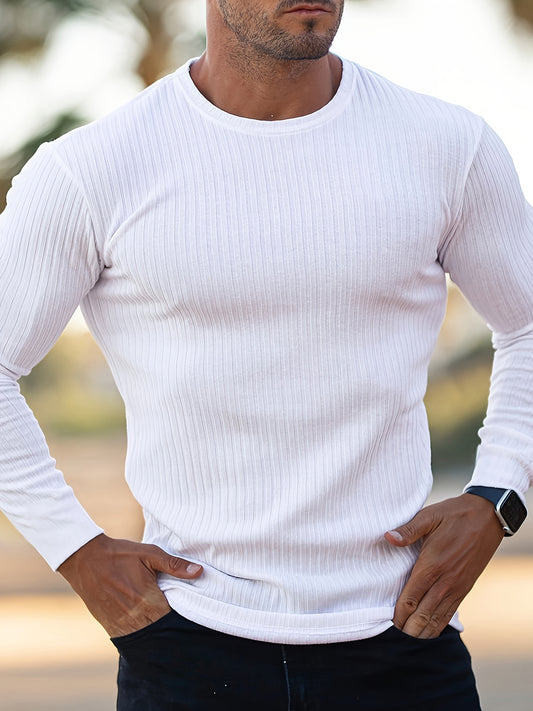 Ribbed Men's Casual Stretch Breathable Lightweight Long Sleeve Round Neck T-shirt For Spring Fall, Running Training