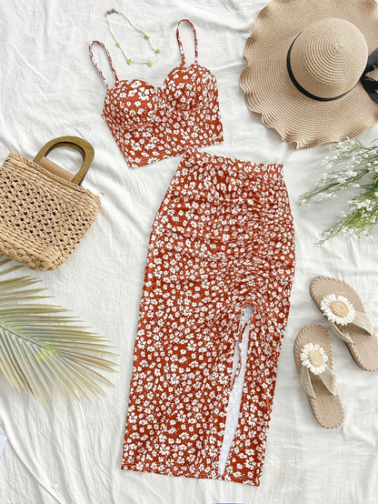 Print Women'S Elegant Sleeveless Blouse and Slit Maxi Skirt Set - V-Neck, Floral Print, Polyester, Drawstring Detail, Perfect for All Seasons
