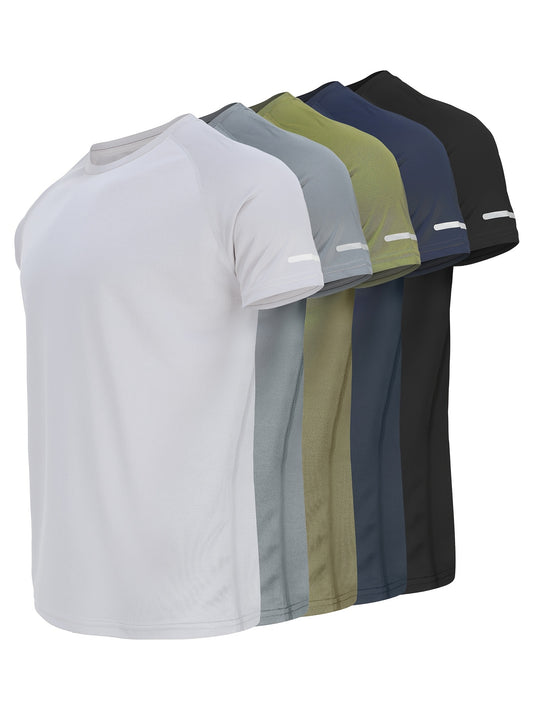 Pack of 5 Men's Casual Sports T-shirts, casual round neck sweatshirt, short-sleeved solid color sports outfit, polyester knitted fabric - cool, breathable, quick-drying suitable for daily training, running, cycling, fishing and basketball etc. Sports act