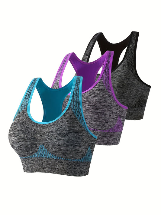 3pcs Contrast Binding Quick Drying Sports Bra, Racerback Shockproof Running Fitness Crop Tank Top, Women's Activewear
