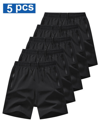5pcs Men's Solid Quick Drying Shorts, Casual Non Stretch Elastic Waist Drawstring Shorts For Summer Gym Workout Training