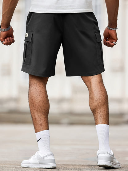 Summer Casual] Men's Solid Color Cargo Shorts with Multiple Pockets, Adjustable Drawstring Waist, Lightweight Polyester, Ideal for Everyday Casual Summer Wear