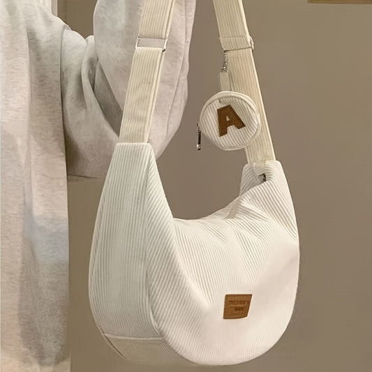 Women'S Casual Corduroy Shoulder Bag - Lightweight, Adjustable Strap, Zipper Closure, Polyester Lining, Edge Paint Detail, Preppy Style, Ideal for Hiking, Cycling, and Everyday Use, Casual Accessory | Casual Style Bag | Lightweight Bag