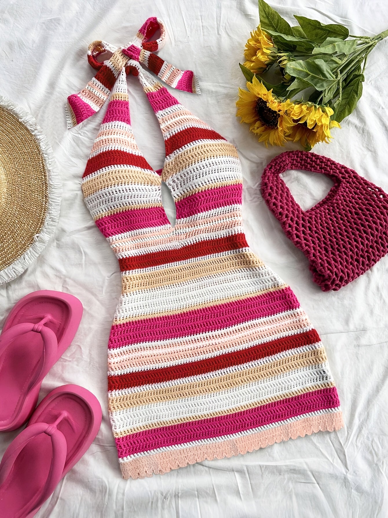 Women's Elegant Halter Neck Back-Tie Knit Dress - Multi-Color Striped Semi-Sheer Wrap Dress with Adjustable Straps & Lace Trim, Beach Vacation Resort Wear, Beach Dress
