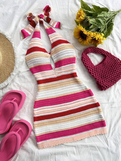 Women's Elegant Halter Neck Back-Tie Knit Dress - Multi-Color Striped Semi-Sheer Wrap Dress with Adjustable Straps & Lace Trim, Beach Vacation Resort Wear, Beach Dress