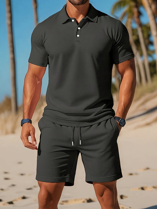 Men's casual and fashionable two-piece set with short-sleeved half-open cardigan top and short pants, stylish and trendy, versatile and simple and chic style, a must-have two-piece set for men