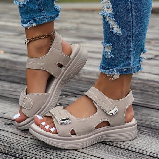 Women'S Summer Casual Black Wedge Sandals - Open Toe, Breathable PU Upper, Ankle Strap, Hook-and-Loop Closure, Solid Color Platform Heel for Beach Wear