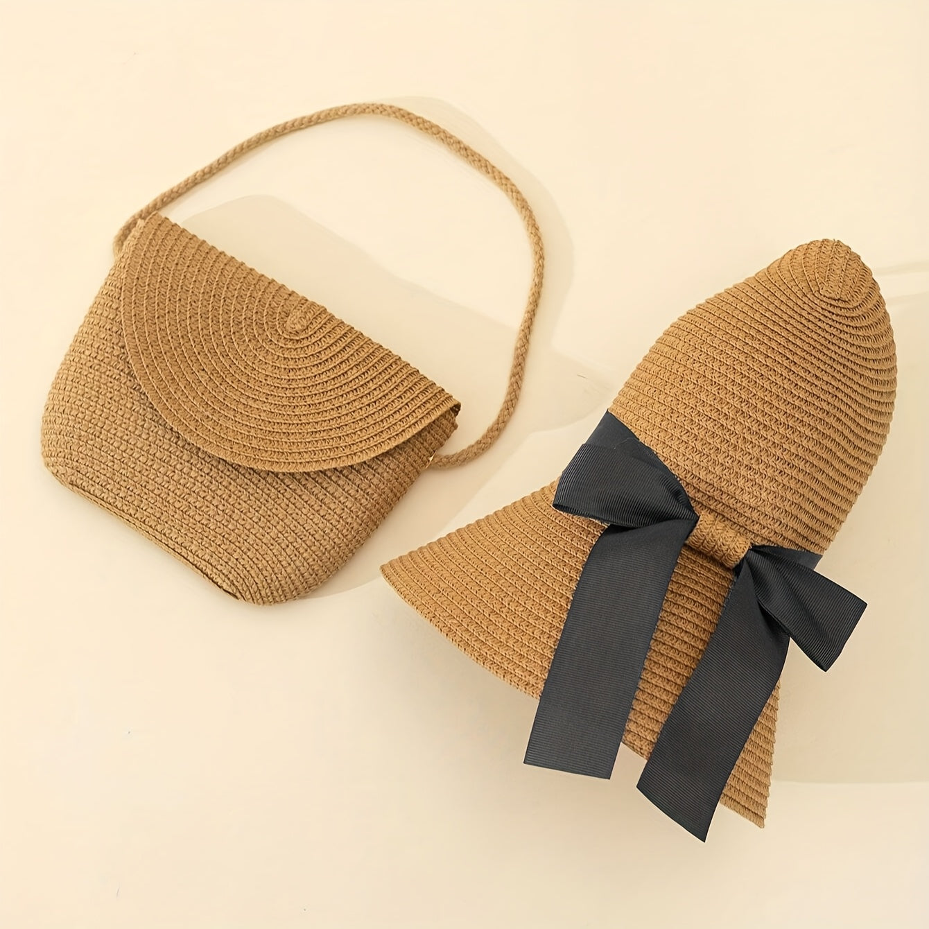 2pcs/set - Khaki crossbody flap straw bag + fisherman-shaped bow-decorated khaki straw sun hat, two-piece set, suitable for outdoor vacation, beach, summer sun protection, gift set