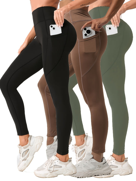3pcs High-Waist Yoga Leggings with Pockets - Tummy Control, Slimming Effect, Stretchy & Breathable Fabric, Black/Brown/Gray, Perfect for Yoga & Casual Attire