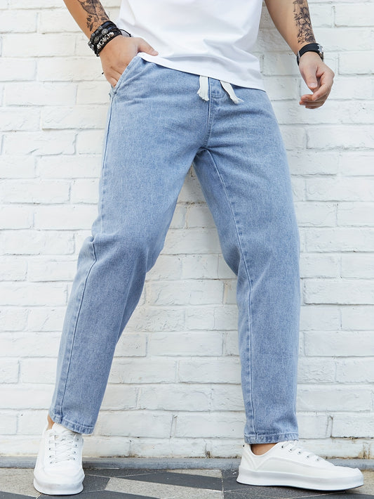 Washed Denim Trousers for Men, Spring and Autumn Trendy Brand, Loose Straight Fit with Elastic Waist and Drawstring, Versatile and Fashionable, Japanese Style, Casual Nine-Fifth Trousers for Spring, Gengyuanshi