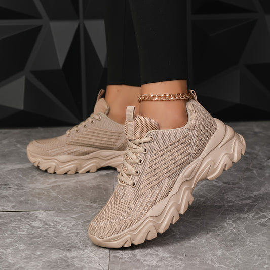 Women's Elegant Beige Knit Sneakers - Breathable & Comfortable Lace-Up Running Shoes with EVA Sole, Versatile for All Seasons, Low-Top Design, Perfect for Park Walks & Road Runs