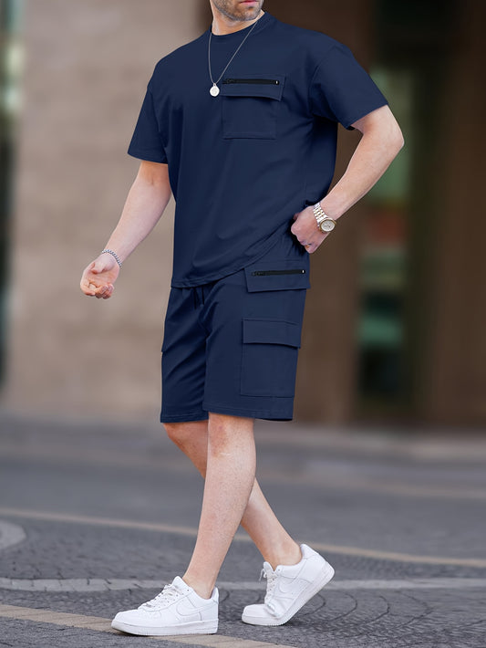 Men's Zipper Pocket Round Neck T-Shirt + Work Shorts with Zipper Pockets Set