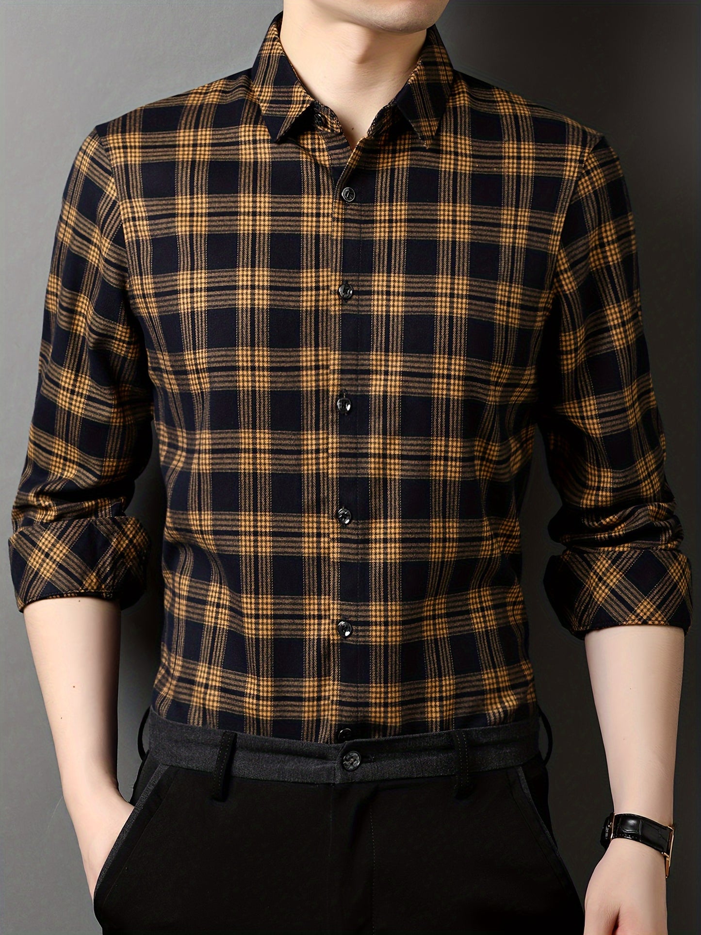 Men's Casual Plaid Long Sleeve Shirt, Polyester Blend (74.5% Polyester, 23.6% Viscose, 1.9% Spandex), Lapel Collar, Regular Fit, Woven Fabric, for Spring/Fall