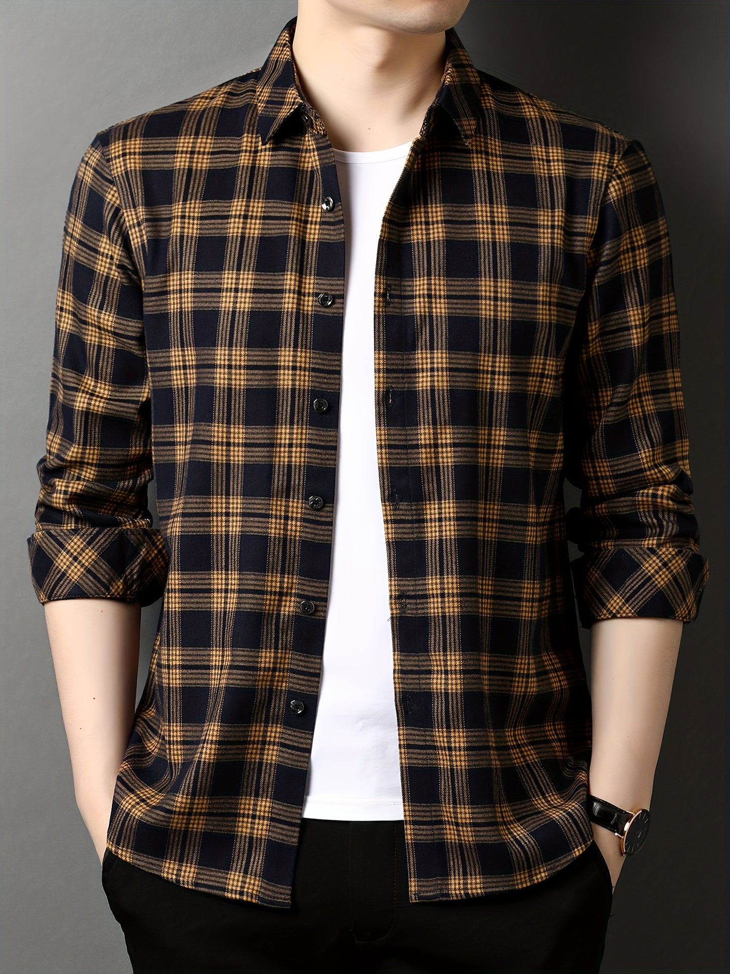 Men's Casual Plaid Long Sleeve Shirt, Polyester Blend (74.5% Polyester, 23.6% Viscose, 1.9% Spandex), Lapel Collar, Regular Fit, Woven Fabric, for Spring/Fall