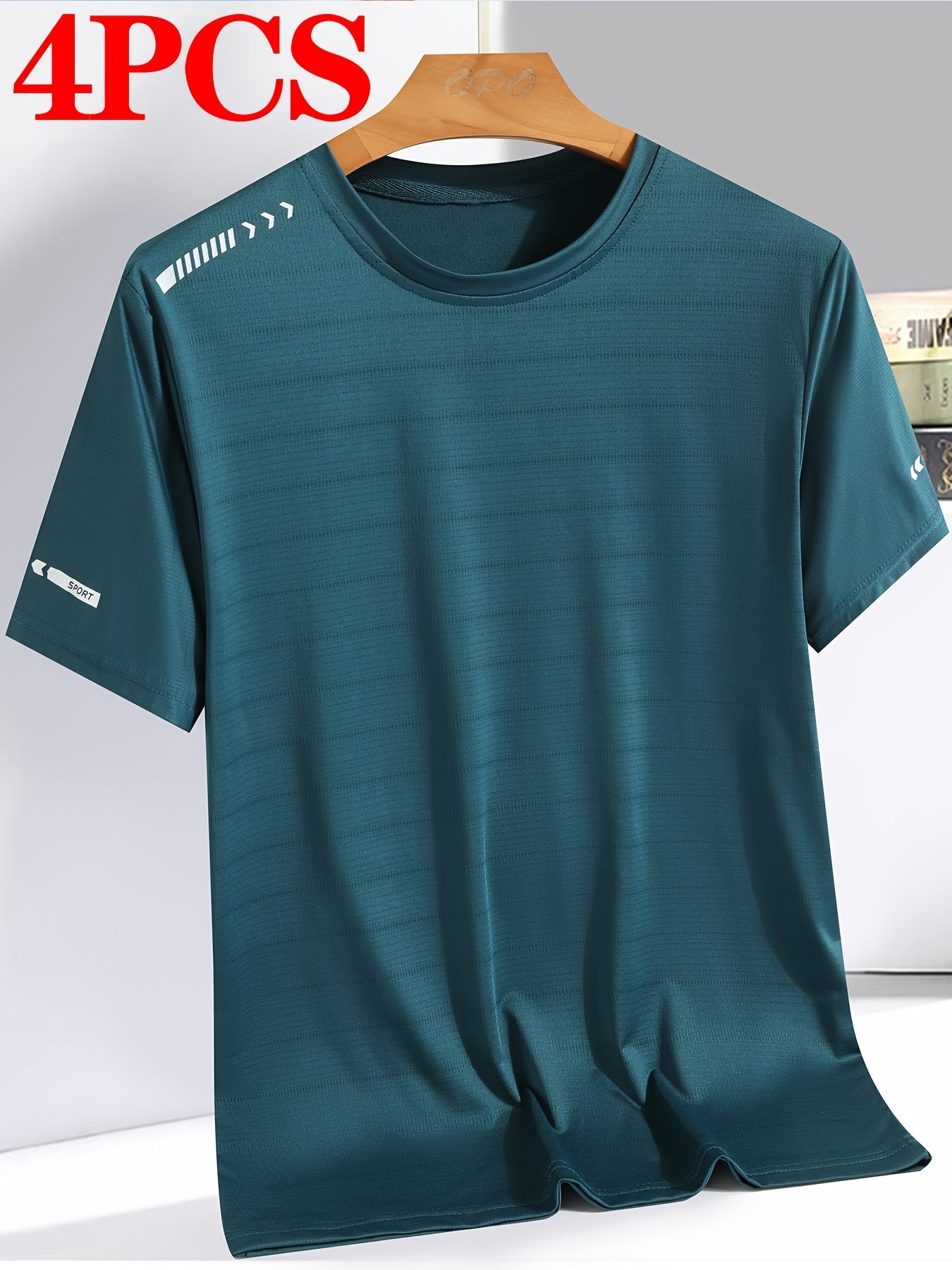 4pcs Men's Breathable Stretch T-Shirts - Casual & Sporty Round Neck Tees for Summer, Solid Color with Graphic Print