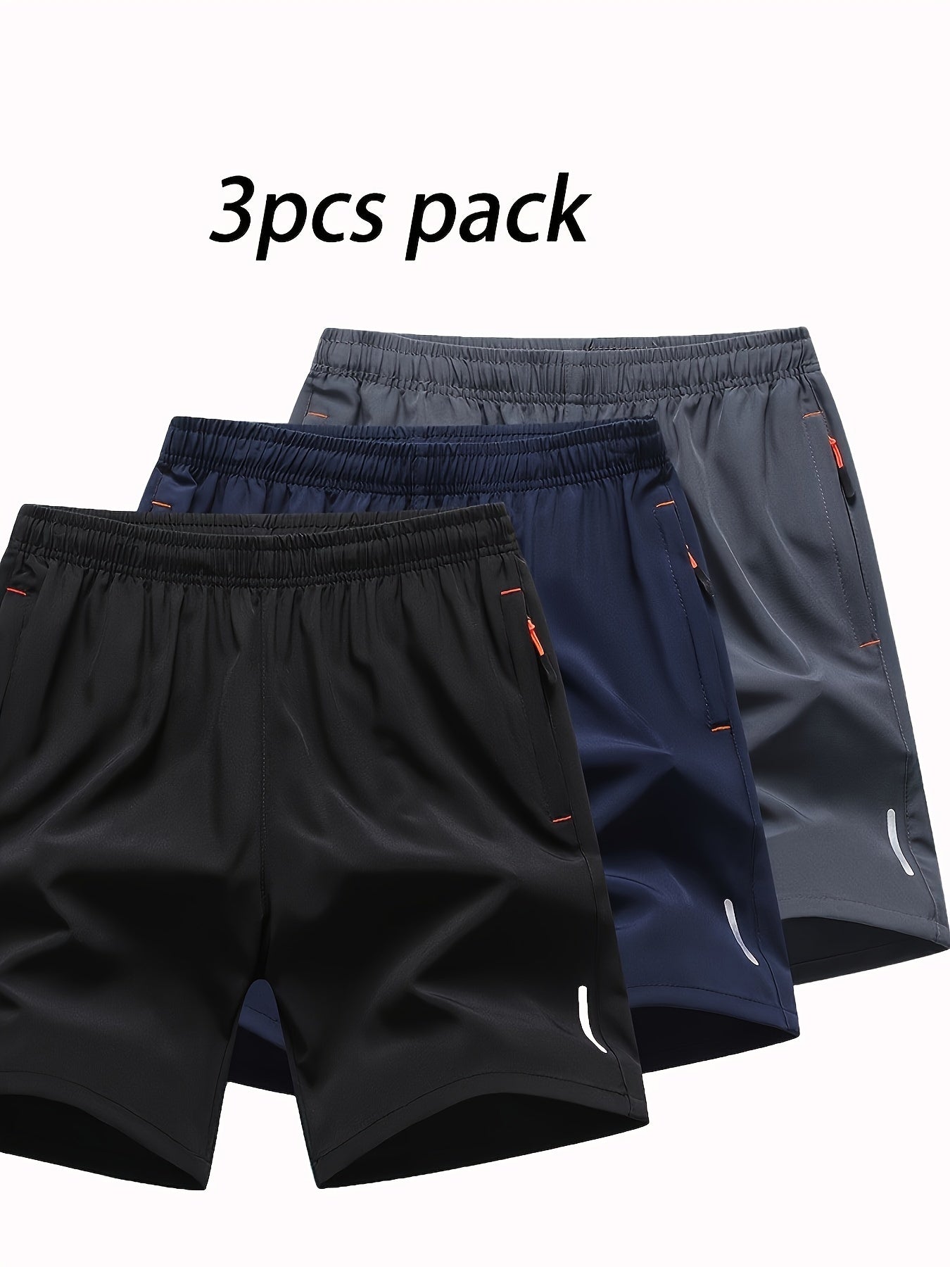 3pcs Men's Reflective Stripe Decor Sports Shorts, Elastic Waist Trendy Fitness Shorts For Summer Training