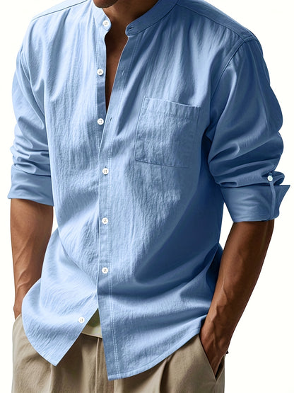 Men's Lightweight Linen Long Sleeve Shirt - Casual Hawaiian Style, Button, Breathable Fabric, Pocket Detail, Beige Color, Perfect for Summer and Casual Attire, Breathable Apparel | Hawaiian Style Shirt | Textured Weave