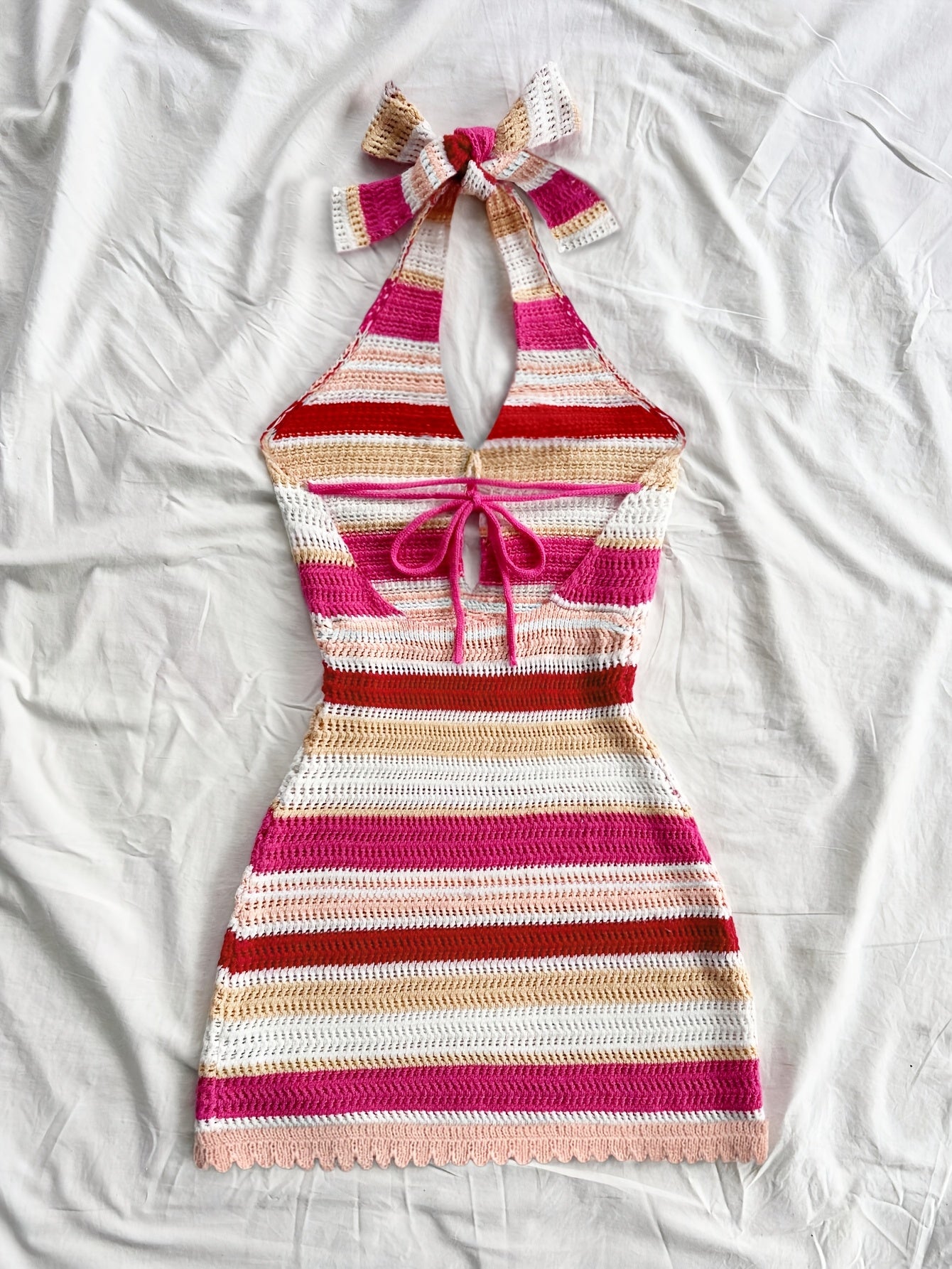 Women's Elegant Halter Neck Back-Tie Knit Dress - Multi-Color Striped Semi-Sheer Wrap Dress with Adjustable Straps & Lace Trim, Beach Vacation Resort Wear, Beach Dress