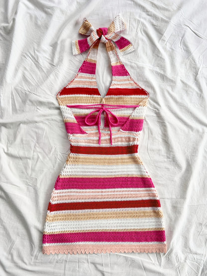 Women's Elegant Halter Neck Back-Tie Knit Dress - Multi-Color Striped Semi-Sheer Wrap Dress with Adjustable Straps & Lace Trim, Beach Vacation Resort Wear, Beach Dress
