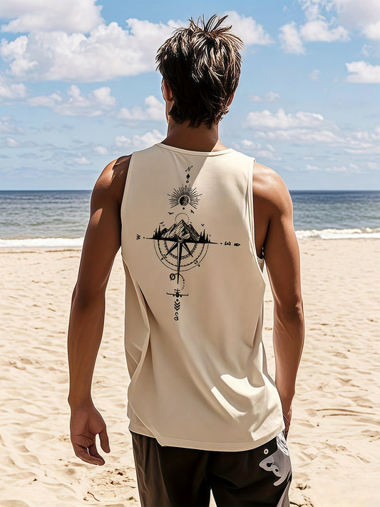 Men'S Casual Athletic Tank Top - Lightweight, Breathable Knit with Compass & Mountain Print, Sleeveless Round Neck, Ideal for Gym & Leisure Wear