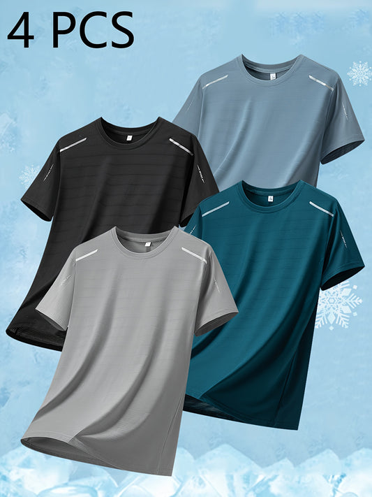 4pcs Men's Casual Athletic T-Shirts - Breathable & Stretchy Polyester Blend, Crew Neck, Short Sleeve, Summer Wear in Black, Gray, Dark Blue, Light Green with Snowflake Design, Breathable Activewear|Sporty Look|Nonlinen Texture