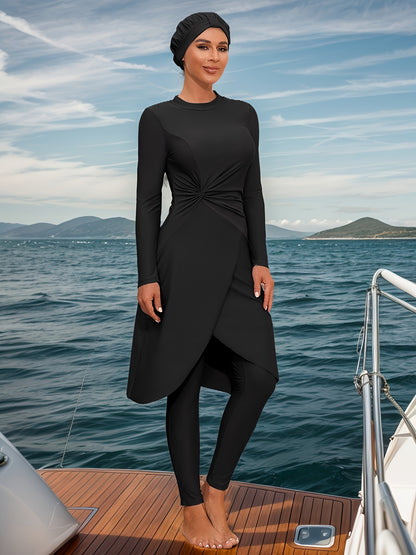 1pc Middle Eastern Fashion Modest Full Body Swimsuit Set for Women, Polyester Knit Fabric, High Stretch, Solid Color, Scoop Neck, with Hat