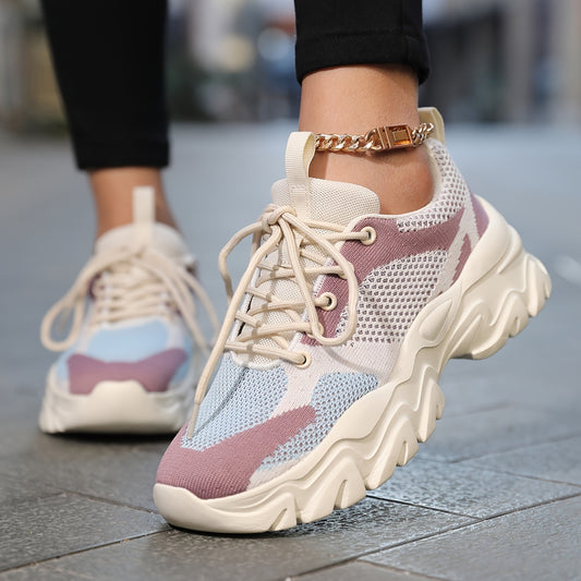 Women's Colorblock Knitted Casual Sneakers, Lace Up Platform Soft Sole Walking Shoes, Breathable Low-top Running Shoes