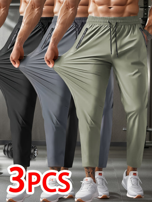 3pcs-Men's Sports Pants with Waist Drawstring, Zipper Pockets, Comfortable and Breathable High Elastic Fabric, Suitable for Outdoor Jogging, Gym, Casual Pants, Nine-Inch Pants