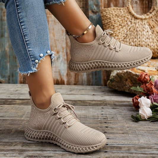 Women's Breathable Knit Sneakers - Fashionable Lace-Up Walking Shoes with Height Boost, Versatile Solid Color Design