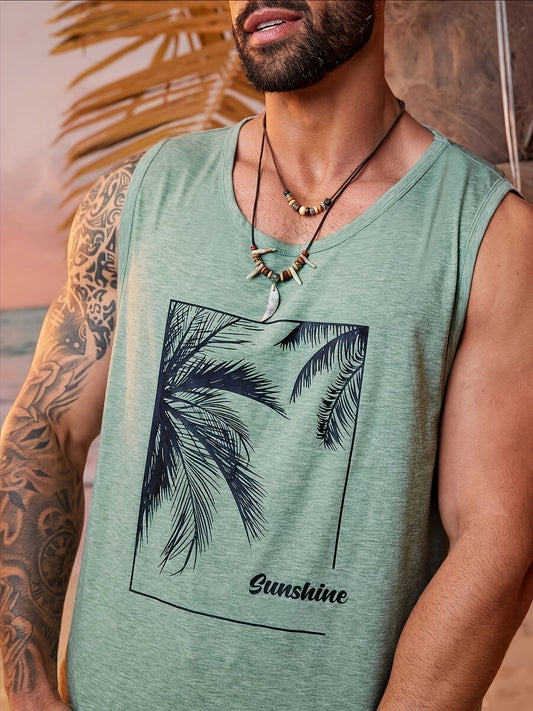 Men'S Casual Summer Sleeveless Tank Top with Tropical Palm Print - Loose Fit, Rayon Material, Perfect for Beach & Holiday Attire, Beach Attire|Tropical Print|Stretchy Fabric