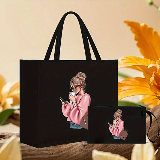 2pcs Set Women'S Tote Bag and Coin Purse, Casual Style, Cute Girl Print, Black Faux Leather, No Wash, Magnetic Closure, Random Print Design, No Pattern, No Fringe, with Fixed Straps and Faux Leather Lining