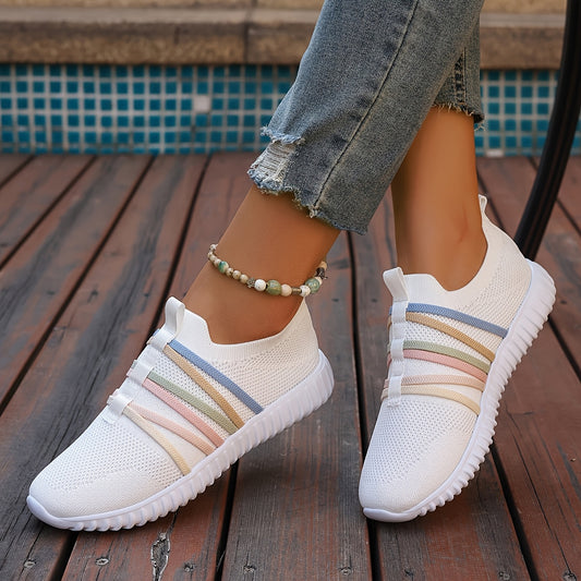 Women's Slip-On Casual Sneakers - Breathable Fabric Upper & EVA Sole, Pastel Striped Design, All-Season Comfort for Casual Attire, Cute Shoes