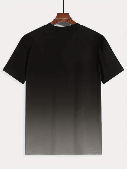 Men'S Gradient Letter 3D Print T-Shirt, Made of 100% Polyester, Featuring a Slightly Stretchy Round Neck, Short Sleeves, Tear-Resistant, Knitted Fabric, Machine Washable, Suitable for Summer Activities Like Running And Fitness.