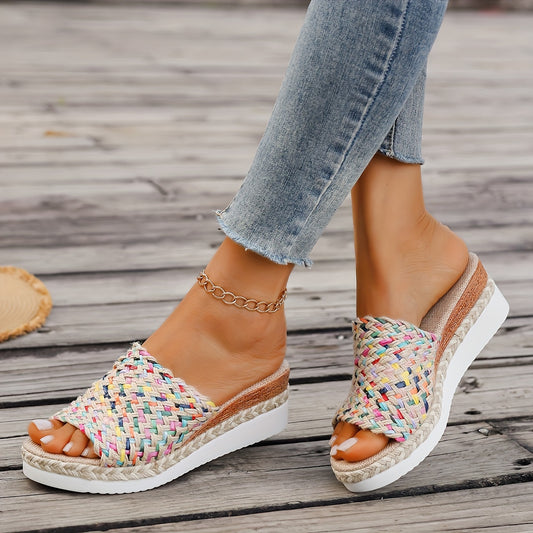 Women's Colorful Woven Straw Sandals, Platform Slip On Summer Holiday Shoes, Comfort Wedge Beach Shoes