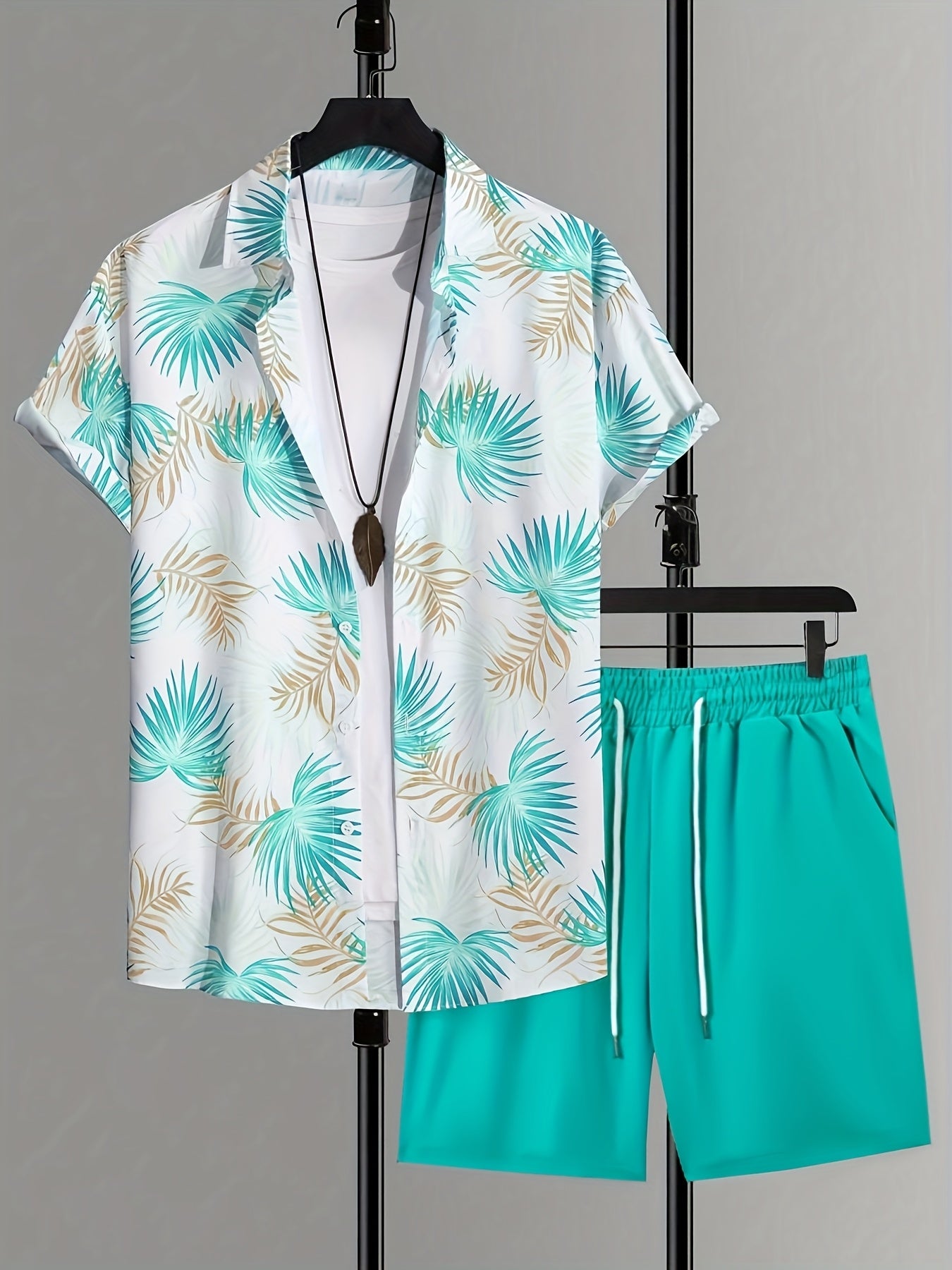 Men'S Two Sets Casual Hawaiian Floral Print Short-Sleeved Shirt + Drawstring Pocket Shorts Two Sets of Two