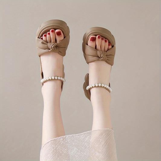 Women'S Retro Chic Summer Platform Sandals - Casual Open-Toe, Stylish Roman Style, Comfortable Elastic Sandals with Beaded Ankle Strap, Beige, Casual Footwear | Elegant Sandal | Platform Sandal